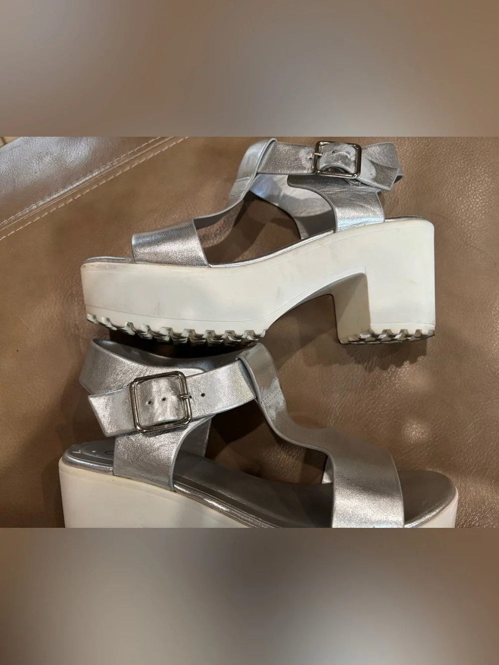 J Adam’s Metallic Silver 3 inch Platform Sandal with White Lug Sole